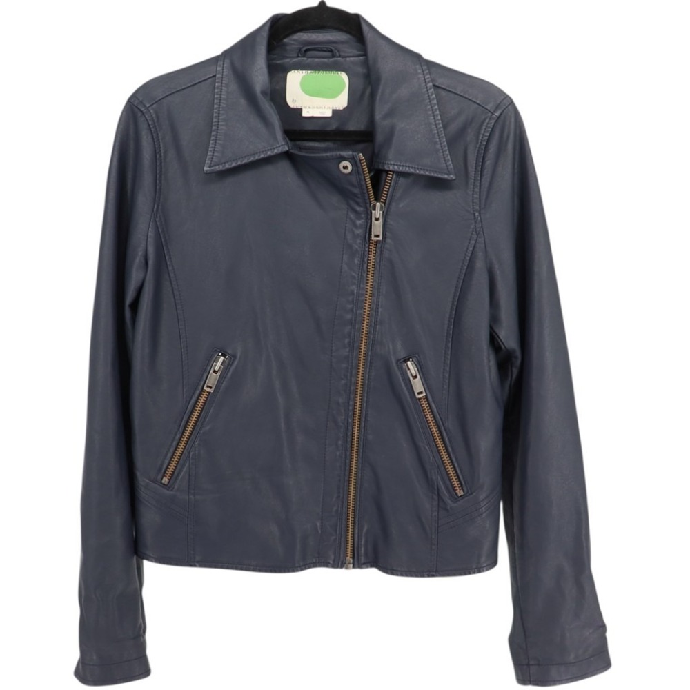 Anthropologie Shrunken Vegan Leather Moto Jacket Size M Navy Asymmetrical Zip